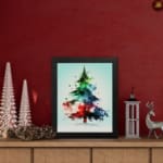 Watercolor Christmas tree painting with green, blue, and red colors, topped with a yellow star, framed in black. displayed on the table in a black frame