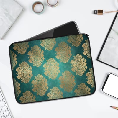 Infidu Elegant Dark Teal Floral Laptop Sleeve with beige and silver floral pattern on a dark teal background. laptop sleeve kept on a plain white background