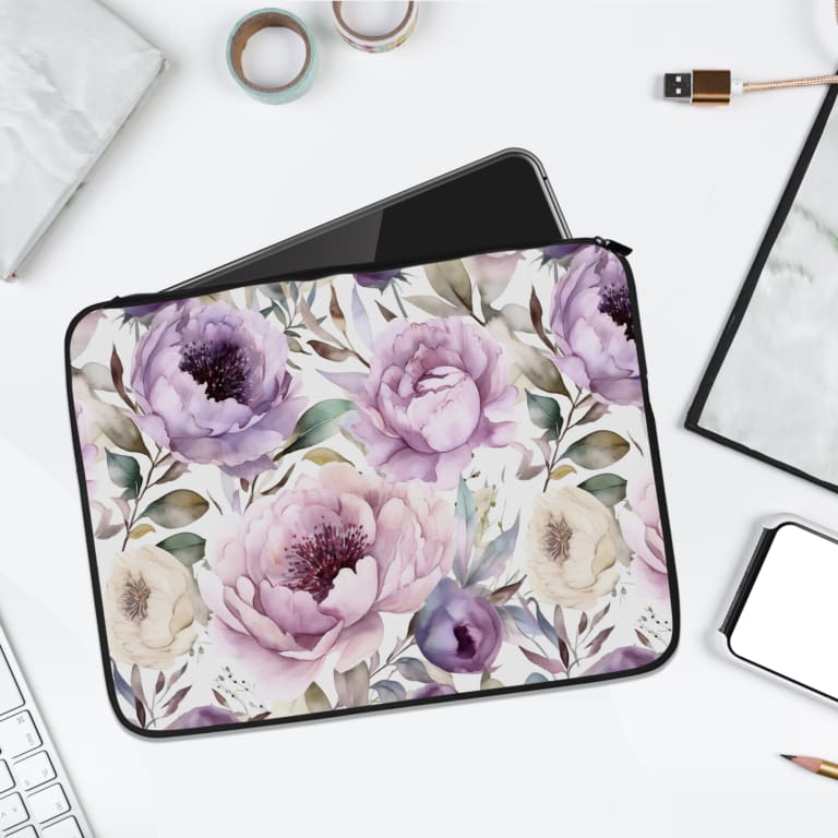 Infidu Elegant Purple Floral Laptop Sleeve featuring large purple flowers and green leaves on a light-colored background. laptop sleeve kept on a plain white background