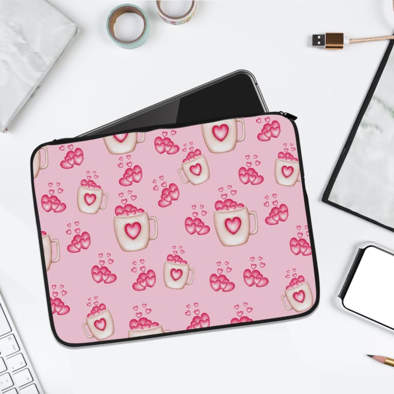 Infidu Cute Pink Heart Icon Laptop Sleeve with small pink heart patterns on a light pink background. laptop sleeve kept on a plain white background