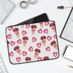 Infidu Romantic Heart & Floral Print Laptop Sleeve with pink hearts and flower bouquets on a white background. laptop sleeve kept on a plain white background