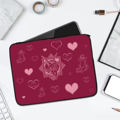 Infidu Romantic Dark Pink Heart Design Laptop Sleeve with intricate heart patterns and a couple of illustrations. laptop sleeve kept on a plain white background