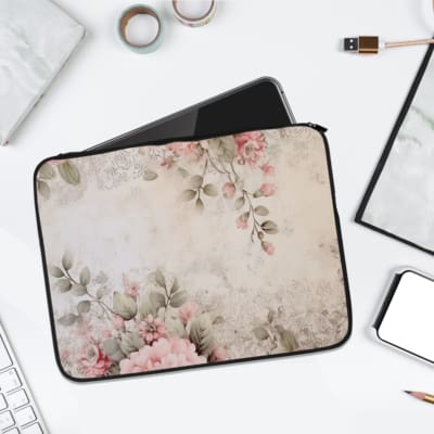 Infidu Soft Floral Pink & Beige Elegant Laptop Sleeve with delicate flowers in light pink, beige, and cream shades. laptop sleeve kept on a plain white background