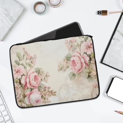 Elegant soft pink floral vintage laptop sleeve with light pink roses and green leaves on a pale background, designed for laptop protection. laptop sleeve kept on a plain white background