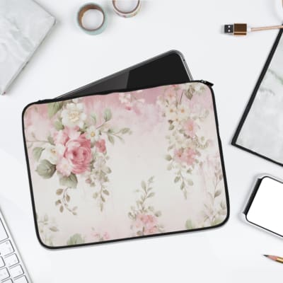 Infidu Soft Floral Pink & Beige Elegant Laptop Sleeve with delicate flowers in light pink, beige, and cream shades. laptop sleeve kept on a plain white background