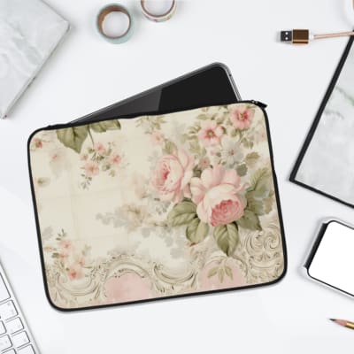 Infidu Vintage Floral Pastel Laptop Sleeve with pink and white flowers on light pastel background. Elegant design for laptop protection. laptop sleeve kept on a plain white background