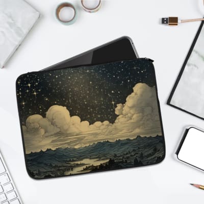 Infidu Night Sky Clouds Stars Laptop Sleeve with dark background, stars, and clouds design. laptop sleeve kept on a plain white background