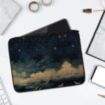 Infidu Night Sky Cosmic Cloud Stars Laptop Sleeve with dark cosmic design, featuring clouds, stars, and waves; protective fabric laptop sleeve with zip closure laptop sleeve kept on a plain white background