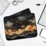 Infidu Night Sky Clouds Stars Laptop Sleeve with dark background, stars, and clouds design. laptop sleeve kept on a plain white background