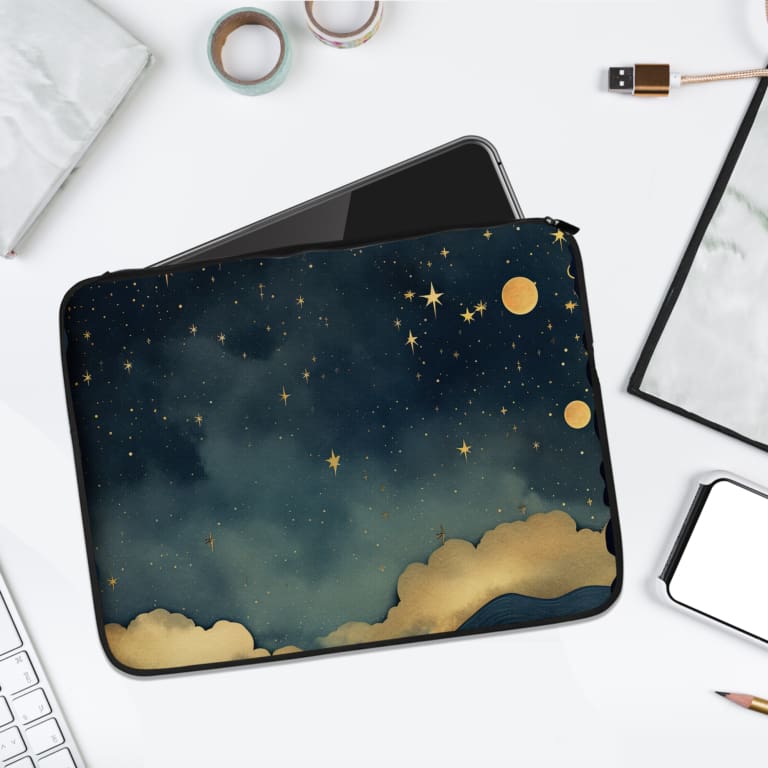 Infidu Night Sky Laptop Sleeve with Stars, Moon, and Clouds design on a dark blue background, offering a dreamy celestial theme for laptop protection. laptop sleeve kept on a plain white background