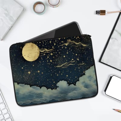 Laptop sleeve with a moonlit night sky design featuring a full moon, stars, and wavy cloud patterns. laptop sleeve kept on a plain white background