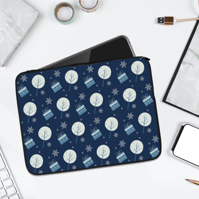 Infidu Dark Blue Winter Snowflake & Gift Laptop Sleeve with festive snowflakes, gifts, and a holiday design.