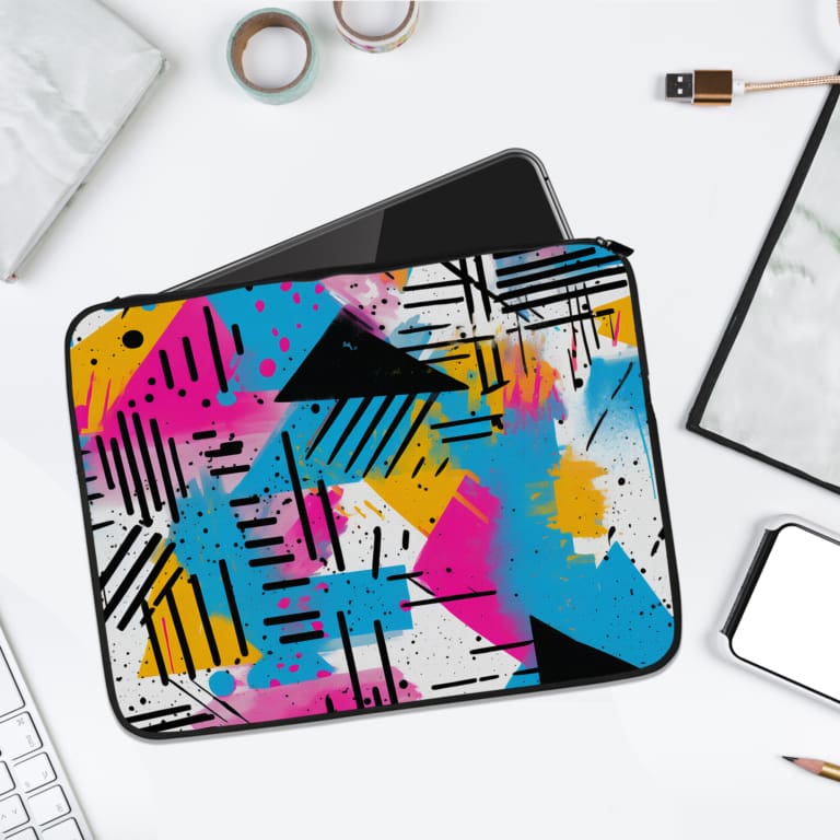 Infidu Modern Abstract Laptop Sleeve featuring bright colors like pink, blue, yellow, and black with geometric shapes and lines. laptop sleeve kept on a plain white background