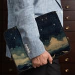 Infidu Night Sky Cosmic Cloud Stars Laptop Sleeve with dark cosmic design, featuring clouds, stars, and waves; protective fabric laptop sleeve with zip closure the person holding the sleeve