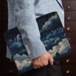 Infidu laptop sleeve with dreamy night sky design, featuring clouds and stars in dark blue and white tones. the person holding the sleeve