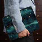 Infidu Night Sky Cosmic Cloud Stars Laptop Sleeve with dark cosmic design, featuring clouds, stars, and waves; protective fabric laptop sleeve with zip closure the person holding the sleeve