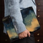 Laptop sleeve with a dark blue background featuring a starry night sky design with stars, clouds, and gradient effect. the person holding the sleeve