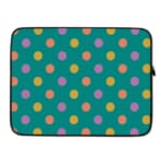 Playful pastel polka dot design laptop sleeve with yellow, purple, and orange dots on a teal background. laptop sleeve kept on a plain white background