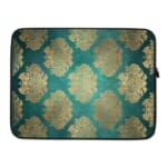 Infidu Elegant Dark Teal Floral Laptop Sleeve with beige and silver floral pattern on a dark teal background. laptop sleeve kept on a plain white background