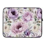 Infidu Elegant Purple Floral Laptop Sleeve featuring large purple flowers and green leaves on a light-colored background. laptop sleeve kept on a plain white background