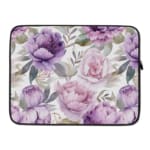 Infidu Elegant Floral Laptop Sleeve with purple and pink flowers, green leaves, and a soft white background, offering stylish laptop protection. laptop sleeve kept on a plain white background