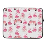 Infidu pink & white laptop sleeve with coffee cups, sofas, and hearts design on a white background. laptop sleeve kept on a plain white background