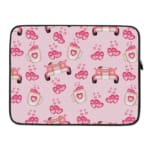 Infidu pink & white laptop sleeve with coffee cups, sofas, and hearts design on a white background. laptop sleeve kept on a plain white background