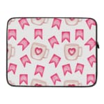 Light laptop sleeve with pink heart, ribbon, and beige mug pattern on a light background. laptop sleeve kept on a plain white background