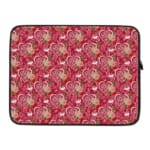 Infidu deep red laptop sleeve with pink and white heart pattern, featuring a zip closure for protection and style. laptop sleeve kept on a plain white background