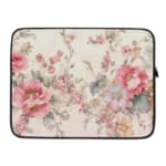 Vibrant pink floral laptop sleeve with large flowers, smaller blooms, and green leaves, offering stylish and elegant protection for your laptop. laptop sleeve kept on a plain white background