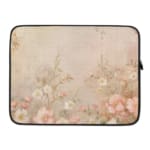 Beige laptop sleeve with subtle floral pattern, featuring a zip closure for secure protection. laptop sleeve kept on a plain white background