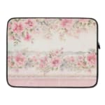 Floral laptop sleeve with pink and white flowers, black-bordered edges, soft background, and delicate floral design. laptop sleeve kept on a plain white background