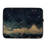 Infidu Night Sky Cosmic Cloud Stars Laptop Sleeve with dark cosmic design, featuring clouds, stars, and waves; protective fabric laptop sleeve with zip closure laptop sleeve kept on a plain white background