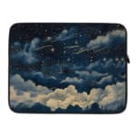 Infidu laptop sleeve with dreamy night sky design, featuring clouds and stars in dark blue and white tones. laptop sleeve kept on a plain white background