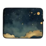 Infidu Night Sky Laptop Sleeve with Stars, Moon, and Clouds design on a dark blue background, offering a dreamy celestial theme for laptop protection. laptop sleeve kept on a plain white background