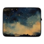 Laptop sleeve with a dark blue background featuring a starry night sky design with stars, clouds, and gradient effect. laptop sleeve kept on a plain white background