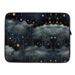 Rainy night sky laptop sleeve with stars, clouds, and a dark blue background. laptop sleeve kept on a plain white background