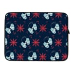 Dark blue laptop sleeve with white and red star patterns. laptop sleeve kept on a plain white background