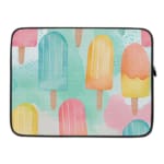 Laptop sleeve with light blue background and pastel popsicle pattern in pink, yellow, blue, and purple, featuring a zip closure. laptop sleeve kept on a plain white background