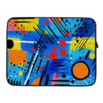 Laptop sleeve with a bright blue background featuring colorful abstract geometric shapes in yellow, pink, orange, black, and red, with zip closure. laptop sleeve kept on a plain white background