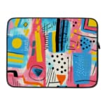 Laptop sleeve with a vibrant abstract design featuring shapes, lines, and patterns in blue, pink, yellow, and black. laptop sleeve kept on a plain white background