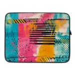 Infidu Colorful Abstract Laptop Sleeve featuring bright pink, blue, yellow, and black colors with stripes and dots on a vibrant design. laptop sleeve kept on a plain white background