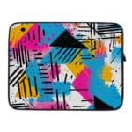 Infidu Modern Abstract Laptop Sleeve featuring bright colors like pink, blue, yellow, and black with geometric shapes and lines. laptop sleeve kept on a plain white background