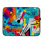 Infidu Vibrant Abstract Laptop Sleeve featuring bold colors like blue, orange, yellow, pink, and purple with geometric shapes and lines.laptop sleeve kept on a plain white background