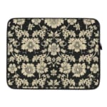 Infidu Black & Gold Floral Laptop Sleeve with a black background and detailed white floral pattern, featuring a secure zip closure. laptop sleeve kept on a plain white background