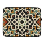 Infidu Traditional Geometric Laptop Sleeve with a bold multicolored pattern in white, black, orange, green, and blue on a dark background. laptop sleeve kept on a plain white background