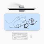 Infidu desk pad with cartoon character and playful swirl design on light blue background. A desk pad under the computer