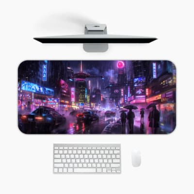 Infidu Neon City Street Desk Pad featuring a rainy night cityscape with people holding umbrellas, neon lights, and reflective wet streets. A desk pad under the computer