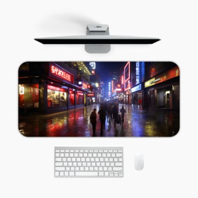 Infidu Neon City Street Design Desk Pad with a lively urban night scene, featuring neon reflections on wet pavement and silhouetted city figures. A desk pad under the computer