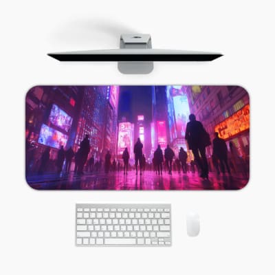 Infidu Neon City Street Design Desk Pad showcases silhouettes of people on a reflective street with vibrant neon colors. A desk pad under the computer